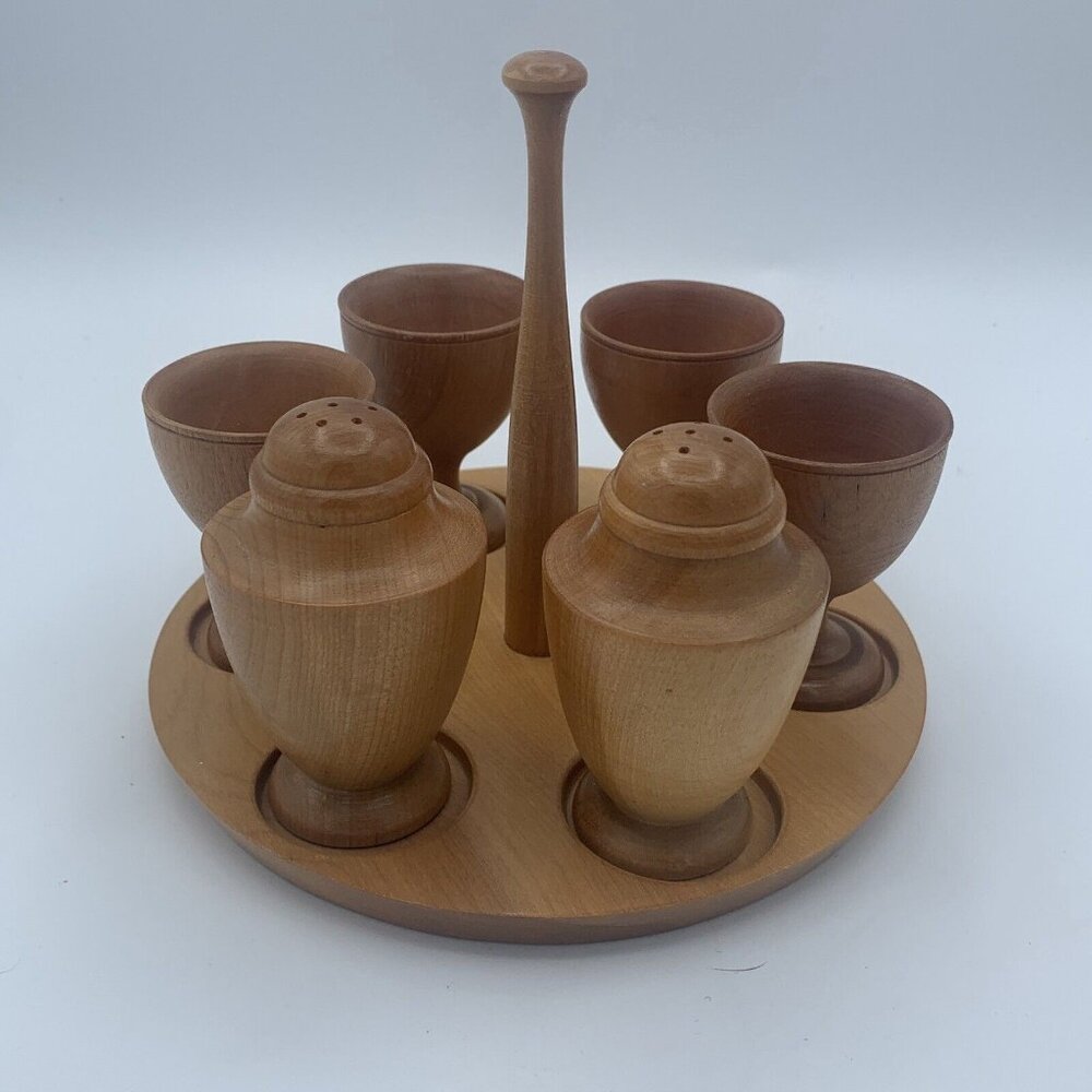 Wooden Egg Cup Set with Salt & Pepper Shakers - Mid-Century Modern